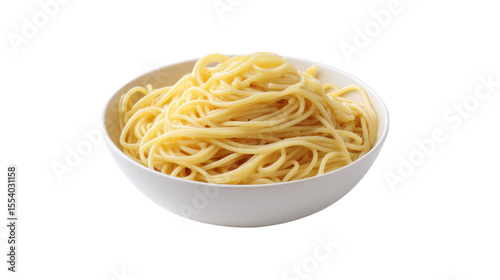 A white bowl filled with plain cooked spaghetti noodles isolated on transparent background