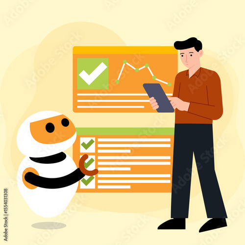 Robot assisting humans at work vector illustration