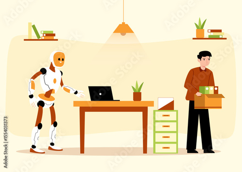 Robot replacing humans in the workplace vector illustration