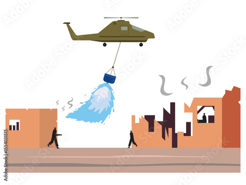 Helicopter flying watering the burning building. War illustration. Flat vector illustration.