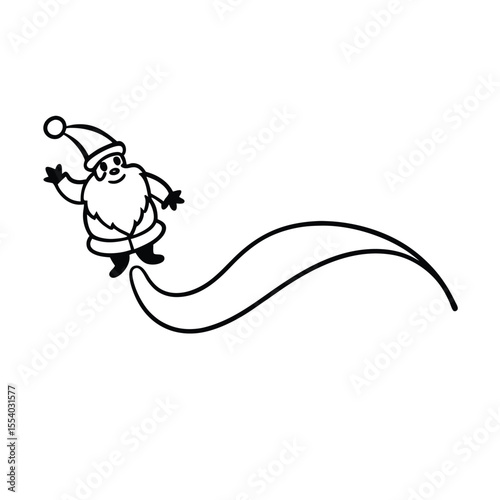 Whimsical illustration of santa claus soaring through the night sky leaving a sparkling magical trail against a clean white background