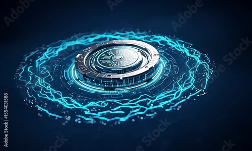 Futuristic digital interface with glowing blue elements and intricate patterns, representing technology