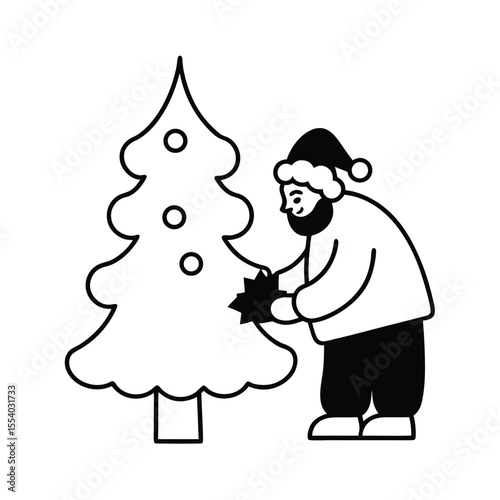 Whimsical illustration of santa claus placing a brightly wrapped gift under a decorated christmas tree on a clean white background