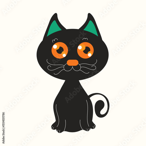 Vector illustration of a cute black cat with large orange eyes in flat cartoon style. Perfect for Halloween-themed graphics, spooky decor, or playful seasonal elements in digital projects.