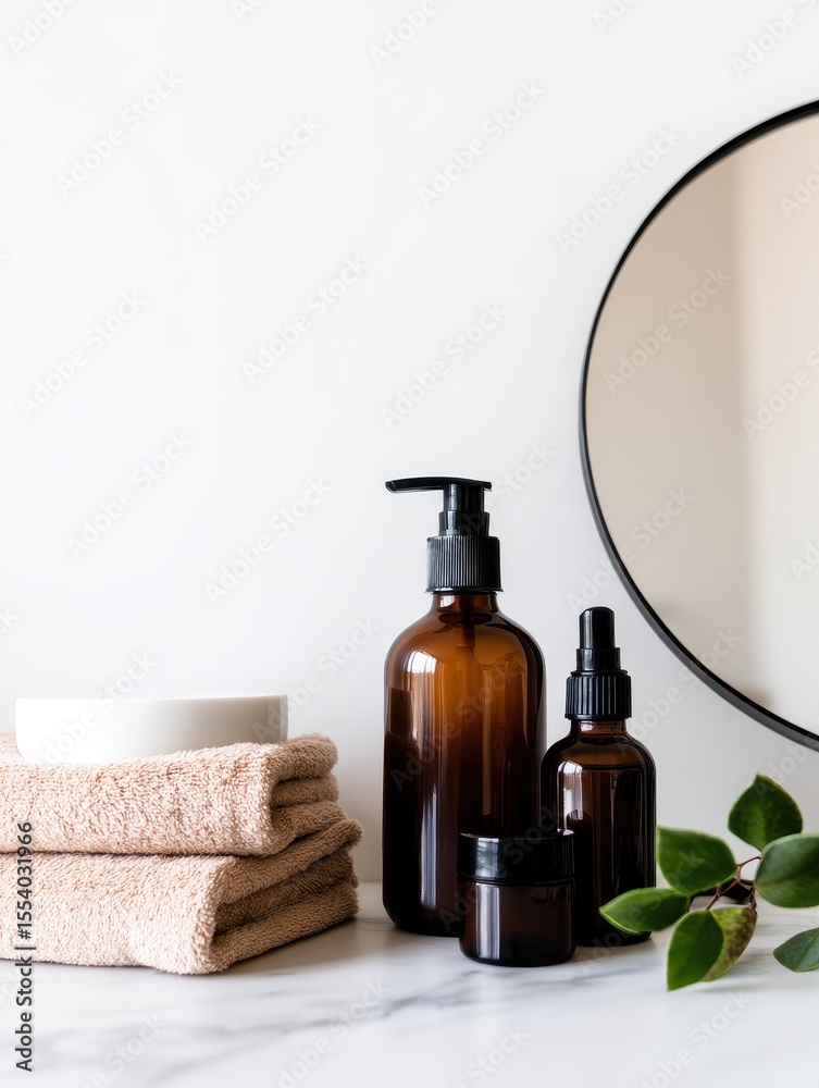 Naklejka premium A serene bathroom countertop featuring amber bottles, towels, and a mirror reflecting tranquility