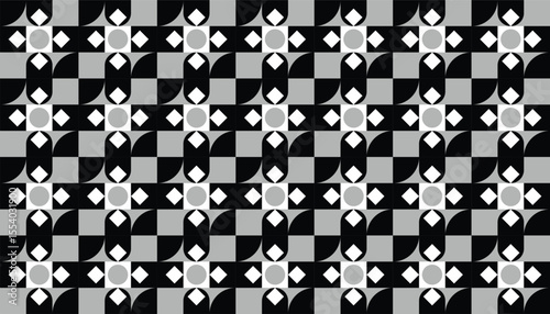 Seamless monochrome geometric pattern with floral-inspired shapes, interlocking petal elements, and a rhythmic grid layout in black, white, and gray tones