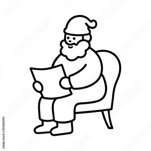 Festive santa claus sitting comfortably in a chair reviewing a christmas wish list with a cheerful expression perfect for holiday decorations and seasonal greetings