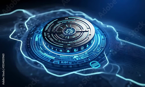 Futuristic digital interface with glowing blue elements and intricate patterns, set against a dark backdrop