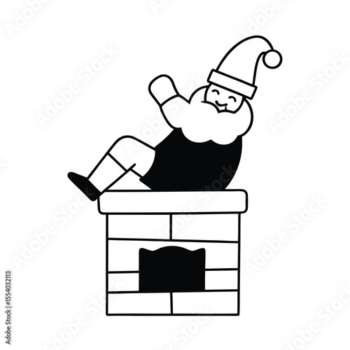 Humorous illustration of santa claus stuck headfirst in a chimney with his legs comically sticking out against a clean white background
