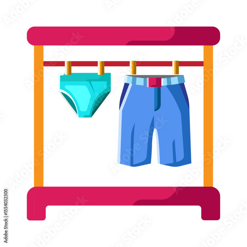 Made in UK Laundry day bliss blue shorts and underwear hanging on a red clothes rack vector icon flat style.