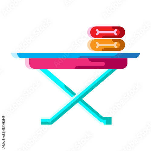 Made in UK Laundry awaits neatly folded clothes rest on an ironing board vector icon flat style.
