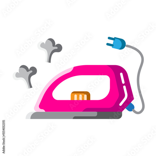 Made in UK Laundry day bliss a pink iron with steam rising vector icon flat style.