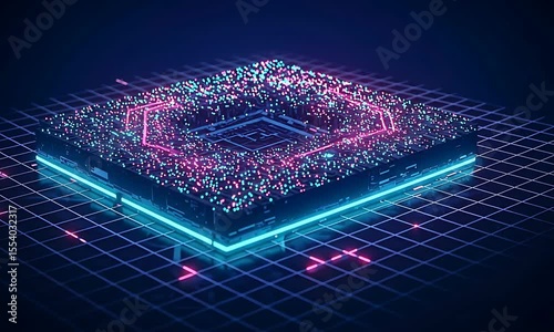 Futuristic digital processor with vibrant particles glowing in a grid, representing technology evolution