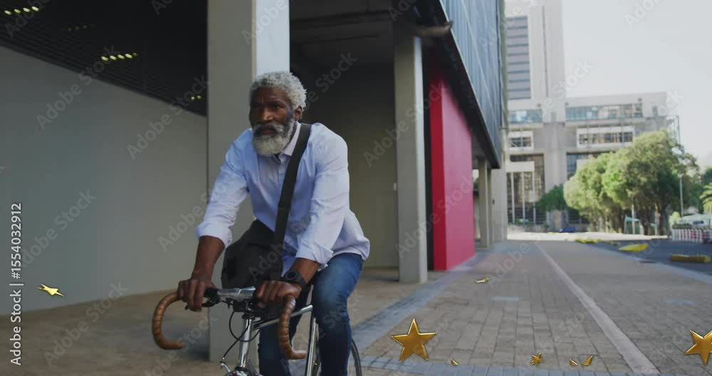 Mid adult male cyclist pedaling on walkway starting floating stars around bike for tech marketing Mid adult male cyclist pedaling on walkway starting floating stars around bike for tech marketing