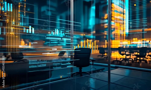 Futuristic office interior with glowing data visualizations and cityscape at dusk, showcasing technology