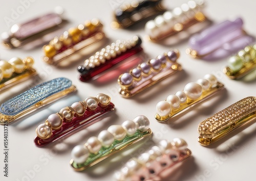 Colorful hair clips, various designs, and pearls