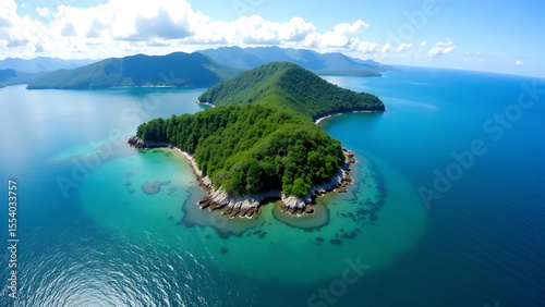 Aerial drone panoramic shot of Pinagbuyutan Island, Philippines, showcasing the island's rugged coastline, lush vegetation, and vibrant turquoise waters.  Focus on the overall beauty and natural lands photo