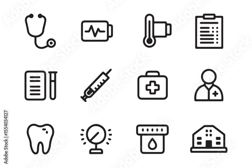 Collection of medical and healthcare icons in a simple outline style