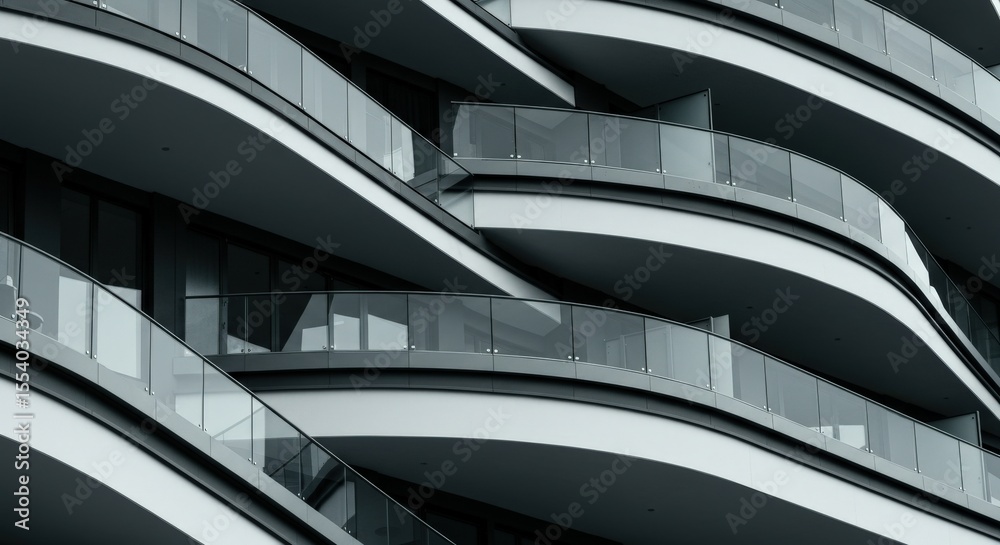 Fototapeta premium Abstract monochrome close-up of a modern building's curved balconies and glass railings.