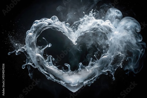 Dynamic heart shape formed by splashing water and smoke