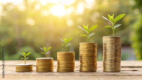 Green shoots sprouting from stacks of gold coins symbolizing financial growth and investment success in a warm sunny outdoor setting