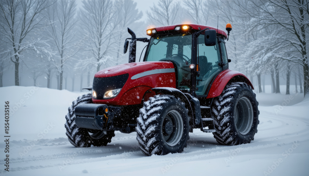 Red tractor working in blizzard with snow covered tires on snowy road surrounded by leafless trees in winter forest Red tractor working in blizzard with snow covered tires on snowy road surrounded by leafless trees in winter forest