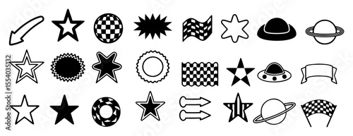 Collection of black and white graphic icons featuring stars arrows planets ufos hats ribbons and checkered flags for design elements and symbols