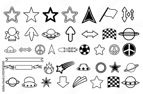 Collection of simple black and white outline icons and symbols including stars planets ufos arrows flags and other graphic elements for design and illustration
