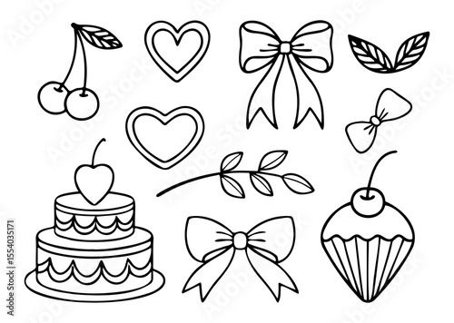 Collection of simple hand drawn doodle elements including cherries hearts bows a cake a cupcake and a branch with leaves perfect for design projects