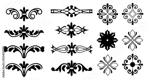 Collection of elegant black ornamental dividers and decorative elements in a classic vintage style showcasing intricate scrollwork and floral motifs on a white background