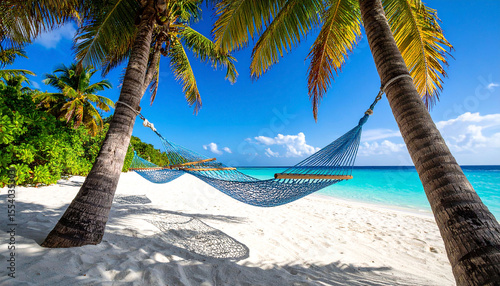 Fototapeta Naklejka Na Ścianę i Meble -  Serene hammock slung between two palm trees on a pristine white sand beach, turquoise ocean backdrop, sunny day