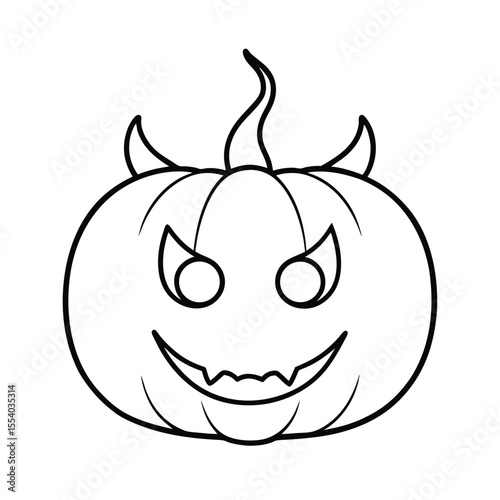 Spooky halloween pumpkin with fiery eyes and devilish horns on a clean white background