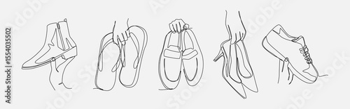 Set of drawing of hands holding boots, flip flops, loafers, high heels, and sneakers in continuous one line drawing style. Clothing, headwear concept. Editable line. Vector illustration