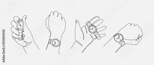 Set of drawing of hands holding and interacting with wrist watch in continuous one line drawing style. Editable line. Vector illustration