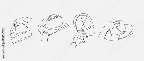 Set of drawing of hands holding beanie hat, cowboy hat, baseball cap, and fedora in continuous one line drawing style. Clothing, headwear, fashion concept. Editable line. Vector illustration