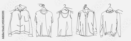 Set of drawing of hands holding hoodie, t shirt, tank top, jacket, and sweater in continuous one line drawing style. Clothing, fashion, top concept. Editable line. Vector illustration