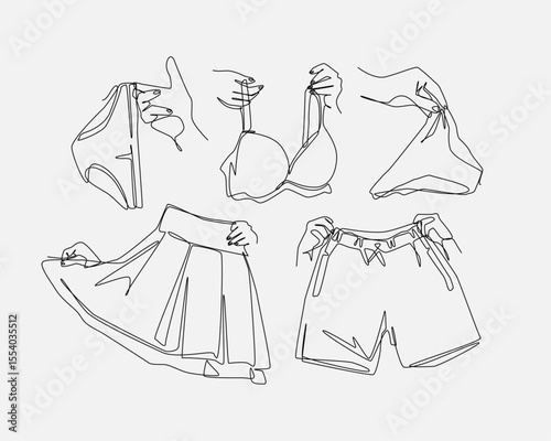 Set of drawing of hands holding bra, brief, g string, skirt, and short pant in continuous one line drawing style. Clothing, underwear concept. Editable line. Vector illustration