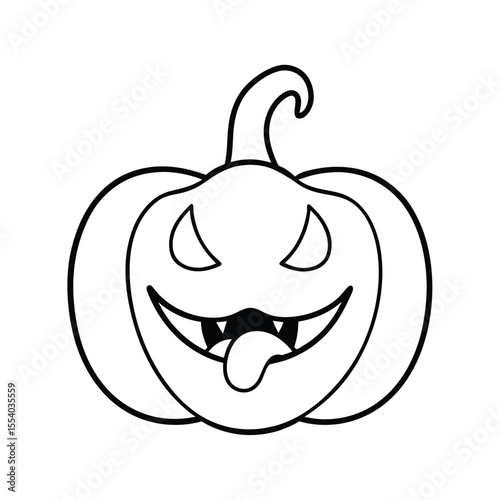 Whimsical halloween illustration of a pumpkin with a long forked snake tongue and sharp fangs set against a clean white background for versatile design use