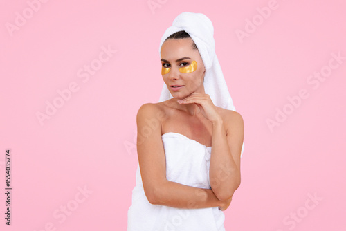 Eye patch. Beauty woman with eye patches. Beautiful woman with moisturizing eyes patches. Facial skin care, cosmetology, eyes patches. Young beautiful woman with cosmetic patches on eyes. Facial skin.