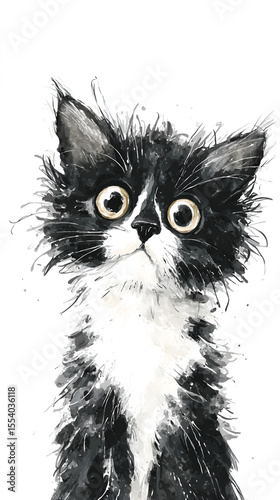 A black  white cat with wide yellow eyes  textured watercolorlike fur