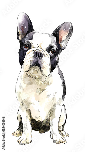 A black and white watercolor French Bulldog sits gazing forward