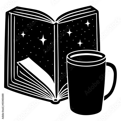 Minimalist book with coffee mug silhouette—great for library posters, reading cafe branding, or self-care Sunday visuals.