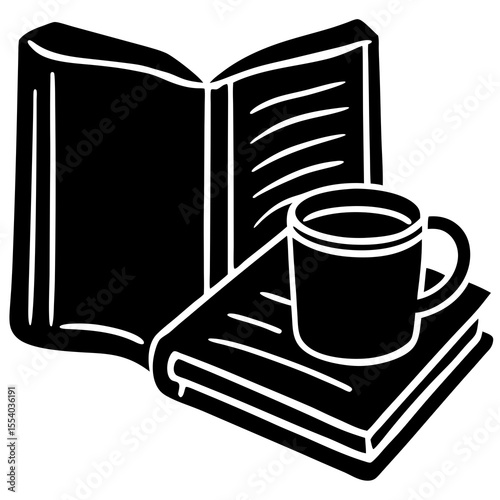 Book and tea cup silhouette vector for use in journaling pages, author merch, and cozy corner designs.
