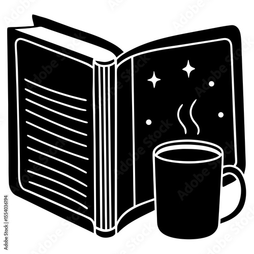 Vector silhouette of book with coffee mug—great for morning routine art, study time graphics, or library events.