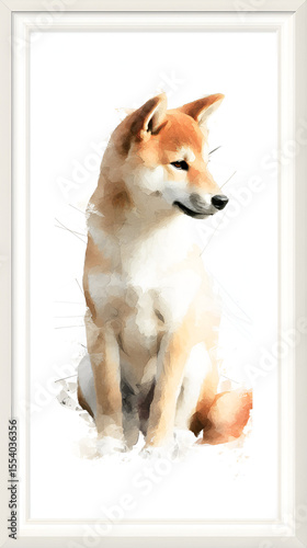Watercolorstyle painting of a Shiba Inu dog sitting in a white frame