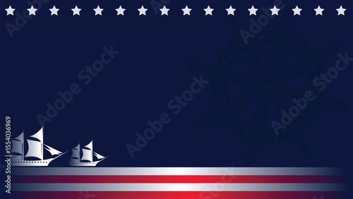 colombus day background with silhouette of ship, steer wheel, anchor and copy space area suitable to place on content with that theme