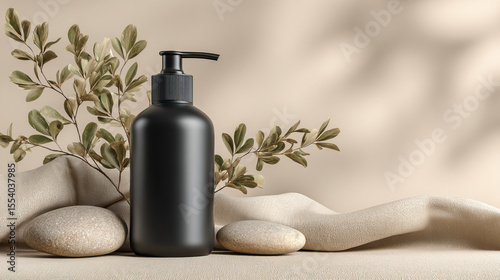Matte black pump dispenser mockup large size with two smooth containers on transparent background

