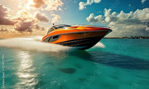 High-speed motorboat racing across turquoise waters under a vibrant sunset with fluffy clouds