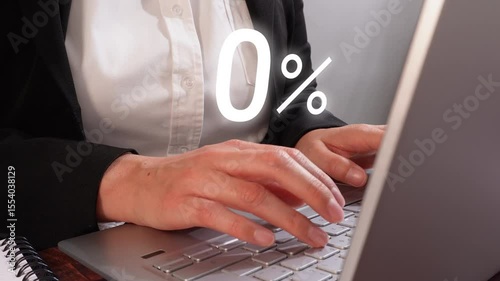 Close-up of a businesswoman's hands holding her laptop while a 0% icon appears above it.
