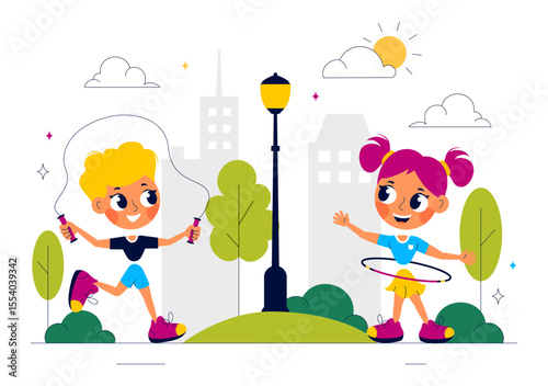 Kids Exercise Vector Illustration Featuring Various Types of Healthy Exercise Movements to Maintain Health and Fitness in a Flat Style Background